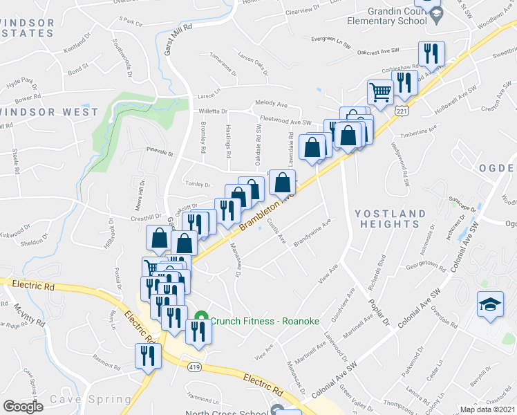 map of restaurants, bars, coffee shops, grocery stores, and more near 3603 Brambleton Avenue in Cave Spring