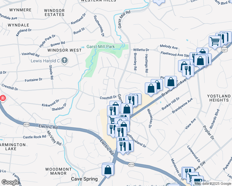 map of restaurants, bars, coffee shops, grocery stores, and more near 4107 Cresthill Drive in Roanoke