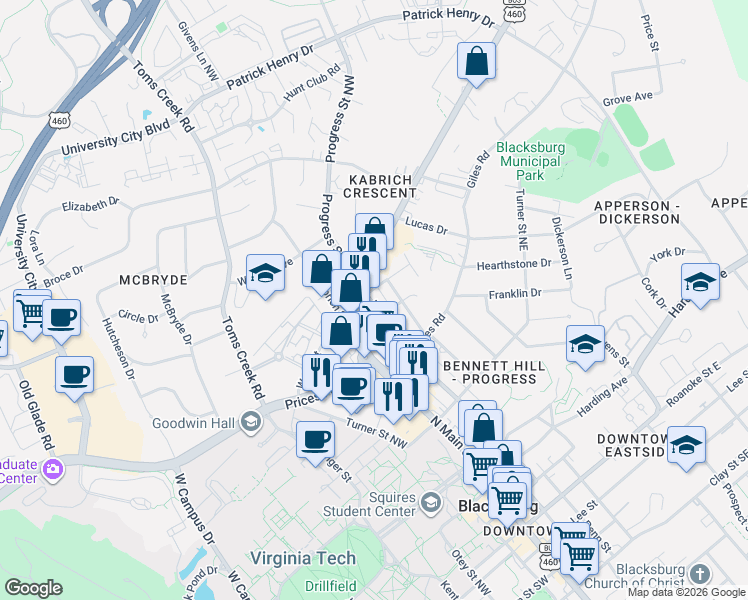 map of restaurants, bars, coffee shops, grocery stores, and more near 901 Progress Street Northeast in Blacksburg