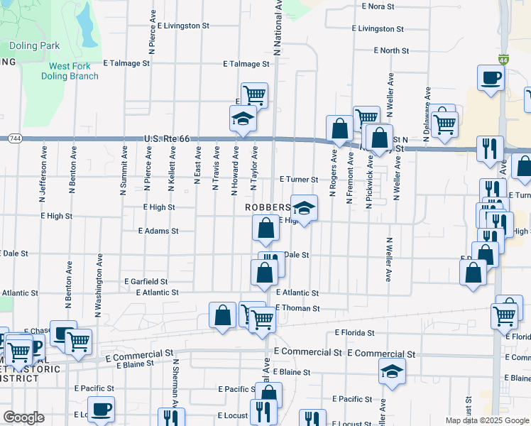 map of restaurants, bars, coffee shops, grocery stores, and more near 2216 North Taylor Avenue in Springfield