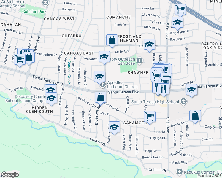 map of restaurants, bars, coffee shops, grocery stores, and more near 716 Blackfoot Court in San Jose
