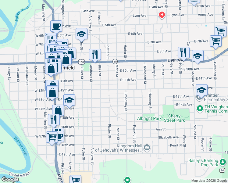 map of restaurants, bars, coffee shops, grocery stores, and more near 1101-1199 Maris St in Winfield