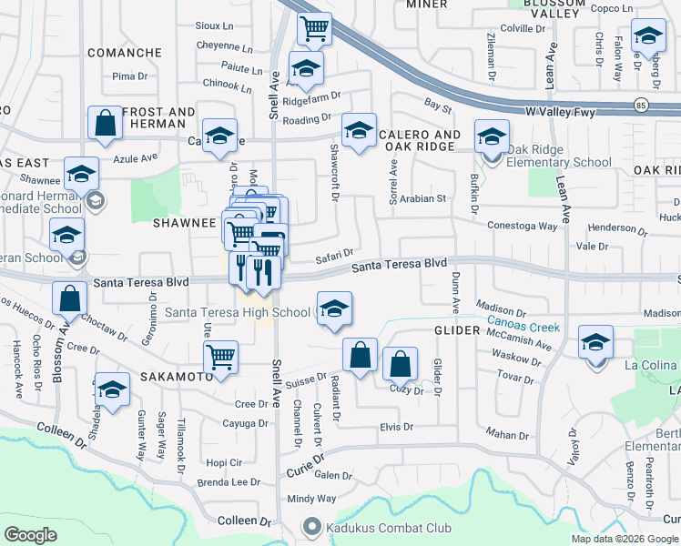map of restaurants, bars, coffee shops, grocery stores, and more near 5973 Santa Teresa Boulevard in San Jose