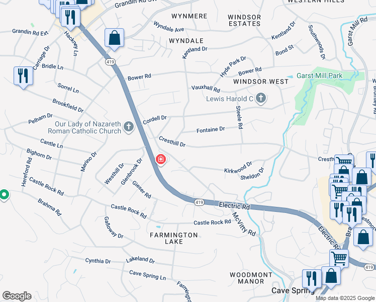 map of restaurants, bars, coffee shops, grocery stores, and more near 4552 Cresthill Drive in Cave Spring
