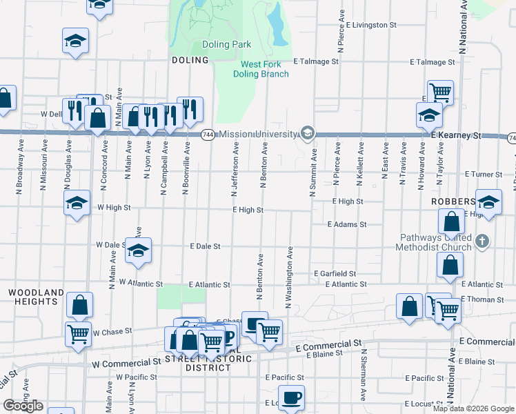 map of restaurants, bars, coffee shops, grocery stores, and more near 423 East High Street in Springfield