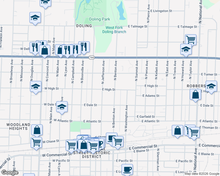 map of restaurants, bars, coffee shops, grocery stores, and more near 423 East High Street in Springfield