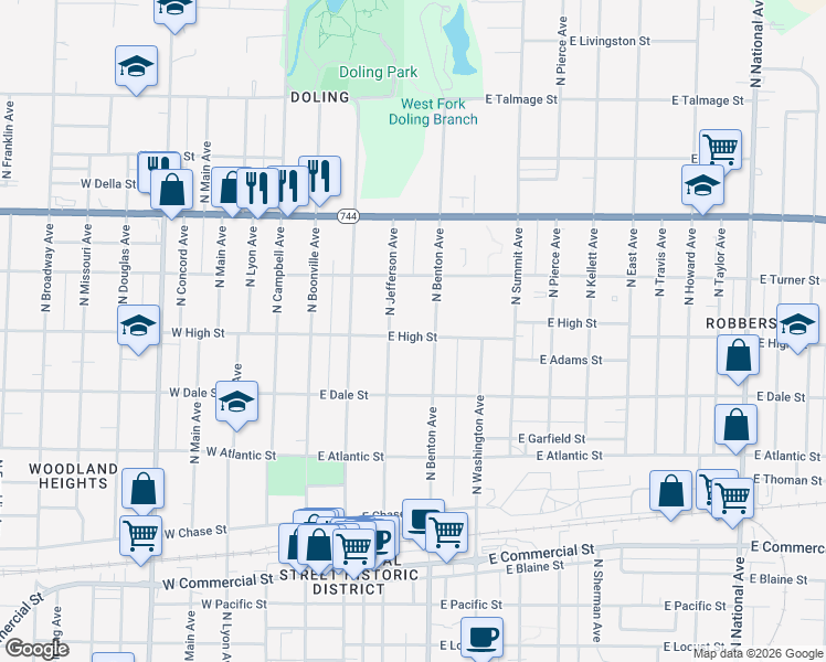 map of restaurants, bars, coffee shops, grocery stores, and more near 423 East High Street in Springfield