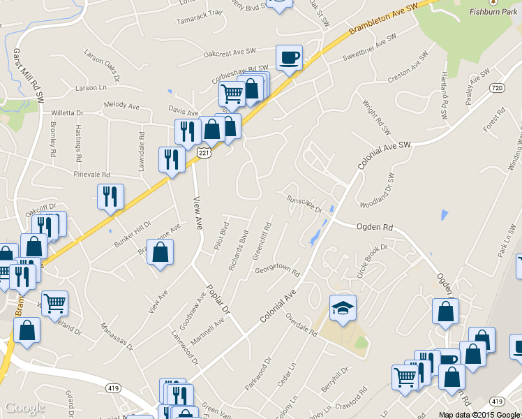 map of restaurants, bars, coffee shops, grocery stores, and more near 3364 Richards Boulevard in Roanoke