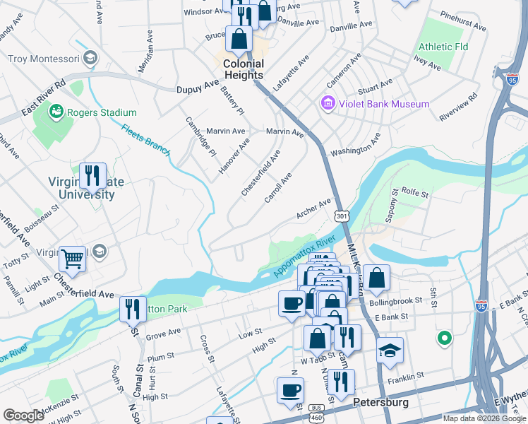 map of restaurants, bars, coffee shops, grocery stores, and more near 151 Carroll Avenue in Colonial Heights
