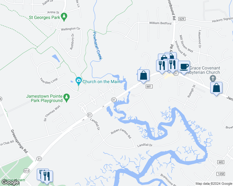map of restaurants, bars, coffee shops, grocery stores, and more near 3605 London Company Way in Williamsburg