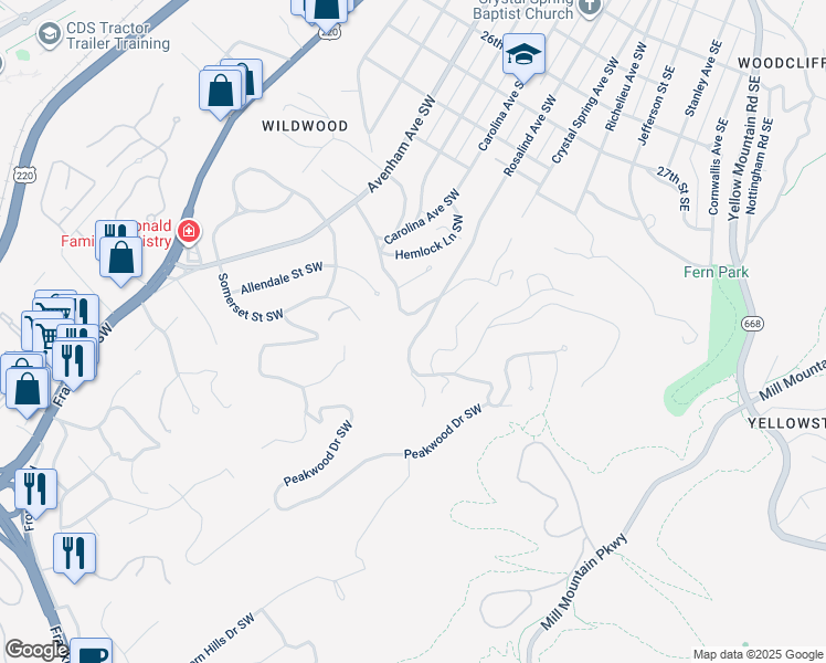 map of restaurants, bars, coffee shops, grocery stores, and more near 3135 West Ridge Road Southwest in Roanoke