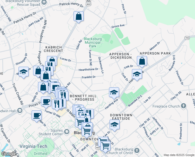 map of restaurants, bars, coffee shops, grocery stores, and more near 406 Franklin Drive in Blacksburg