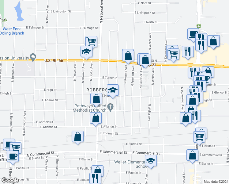 map of restaurants, bars, coffee shops, grocery stores, and more near 2211 North Prospect Avenue in Springfield