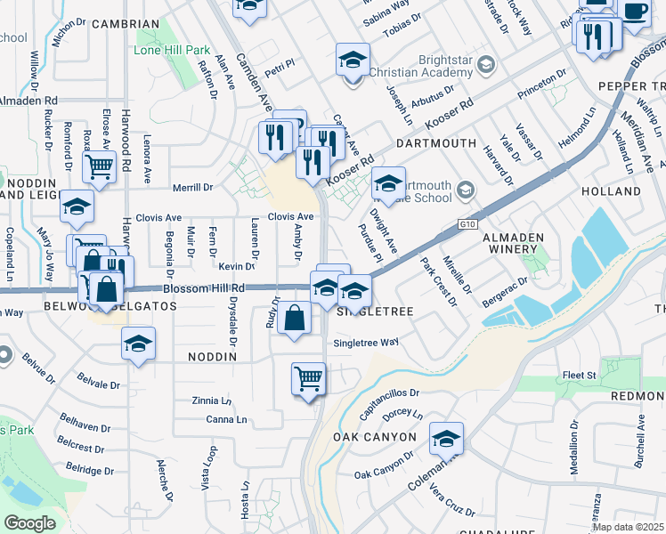map of restaurants, bars, coffee shops, grocery stores, and more near 5520 Camden Avenue in San Jose