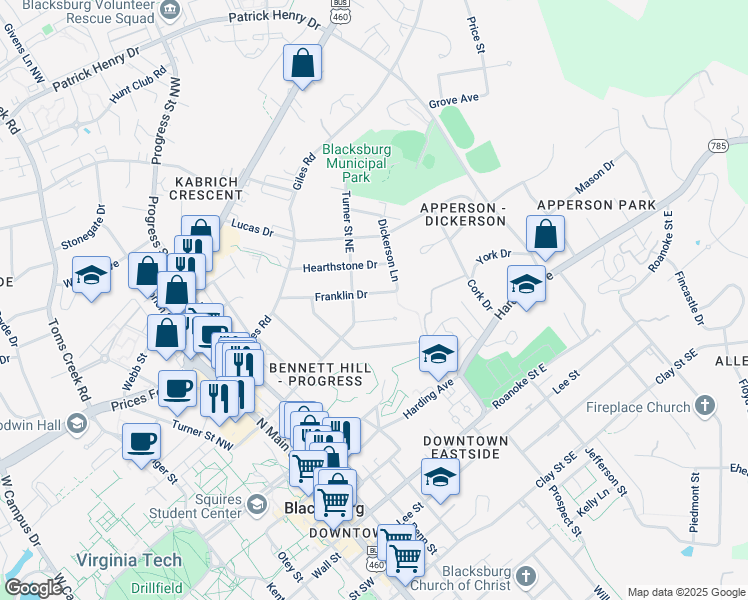 map of restaurants, bars, coffee shops, grocery stores, and more near 406 Franklin Drive in Blacksburg