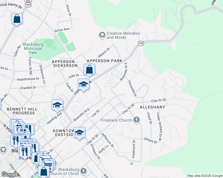 map of restaurants, bars, coffee shops, grocery stores, and more near 900 Roanoke Street East in Blacksburg