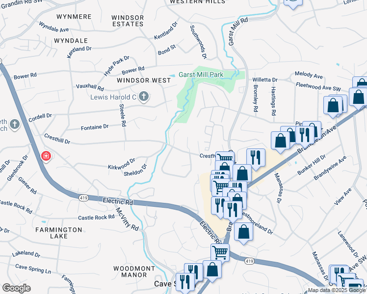 map of restaurants, bars, coffee shops, grocery stores, and more near 4210 Millcrest Court in Cave Spring