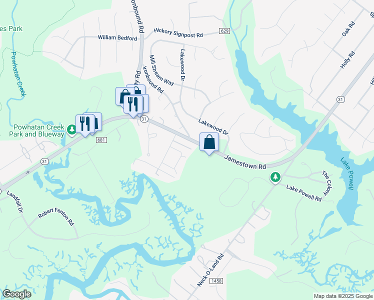 map of restaurants, bars, coffee shops, grocery stores, and more near 30 Bromley Drive in Williamsburg