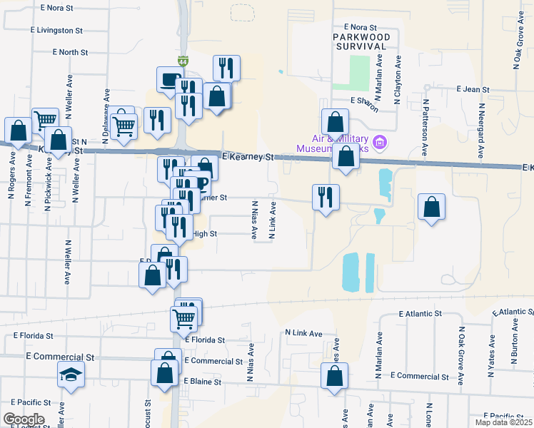 map of restaurants, bars, coffee shops, grocery stores, and more near 2248 North Nias Avenue in Springfield