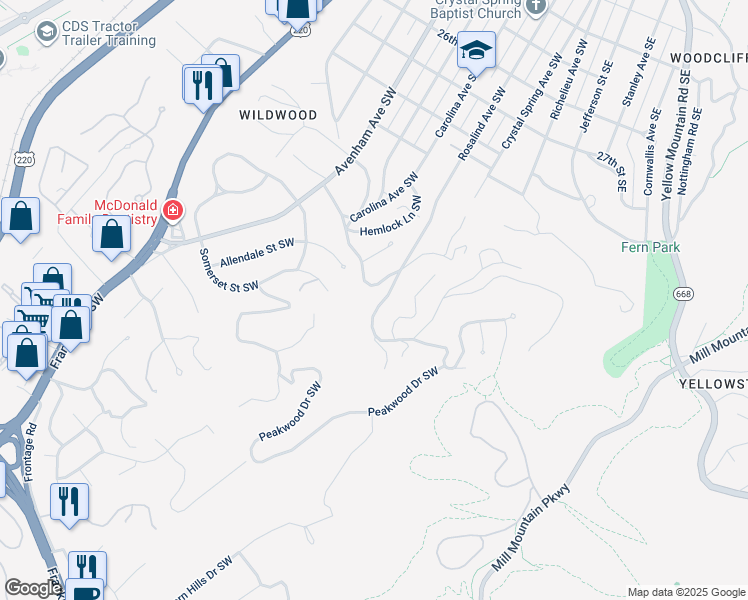 map of restaurants, bars, coffee shops, grocery stores, and more near 3135 West Ridge Road Southwest in Roanoke