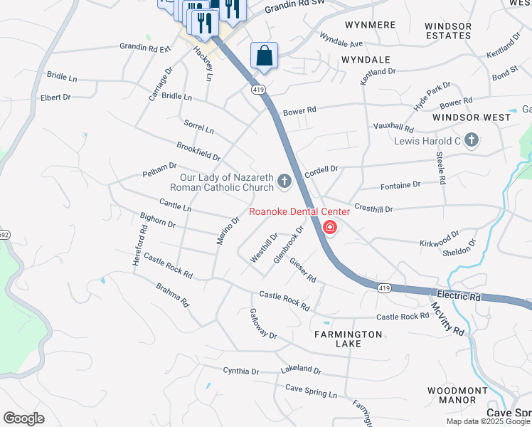 map of restaurants, bars, coffee shops, grocery stores, and more near 4757 Brookwood Drive in Cave Spring