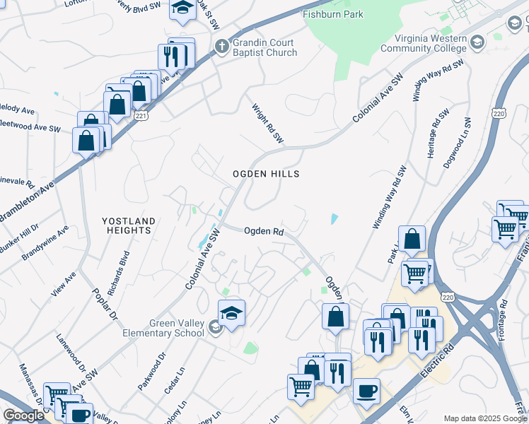 map of restaurants, bars, coffee shops, grocery stores, and more near 3324 Woodland Drive Southwest in Roanoke
