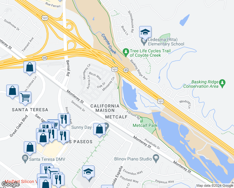 map of restaurants, bars, coffee shops, grocery stores, and more near 6938 Forsum Road in San Jose