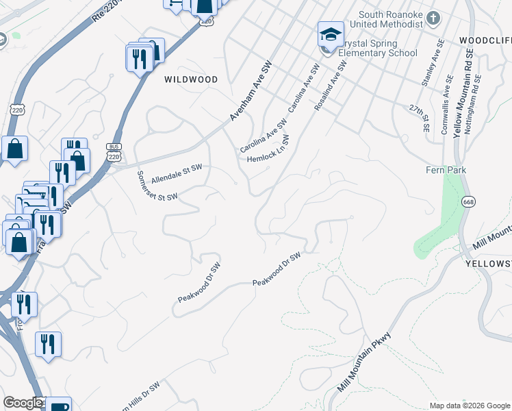 map of restaurants, bars, coffee shops, grocery stores, and more near 3101 SW Allendale St in Roanoke
