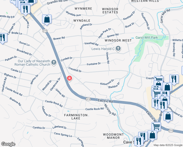 map of restaurants, bars, coffee shops, grocery stores, and more near 4520 Cresthill Drive in Cave Spring