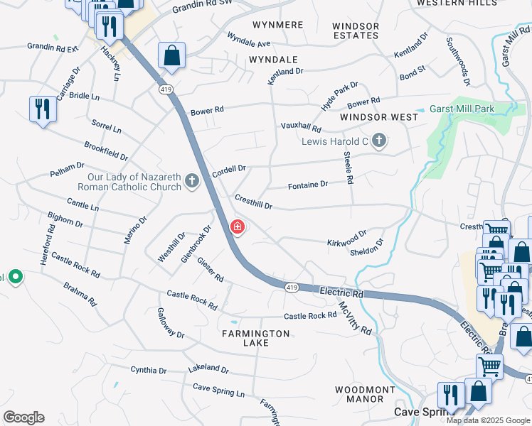 map of restaurants, bars, coffee shops, grocery stores, and more near 4566 Cresthill Drive in Cave Spring