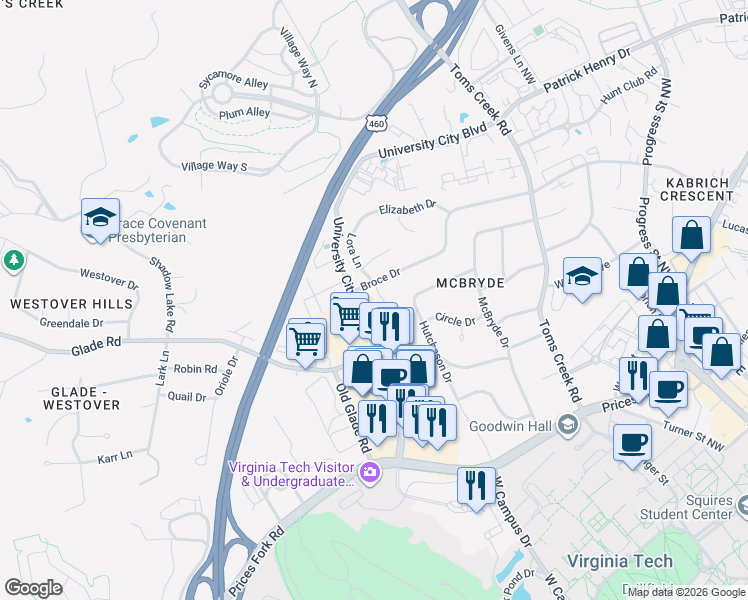 map of restaurants, bars, coffee shops, grocery stores, and more near in Blacksburg