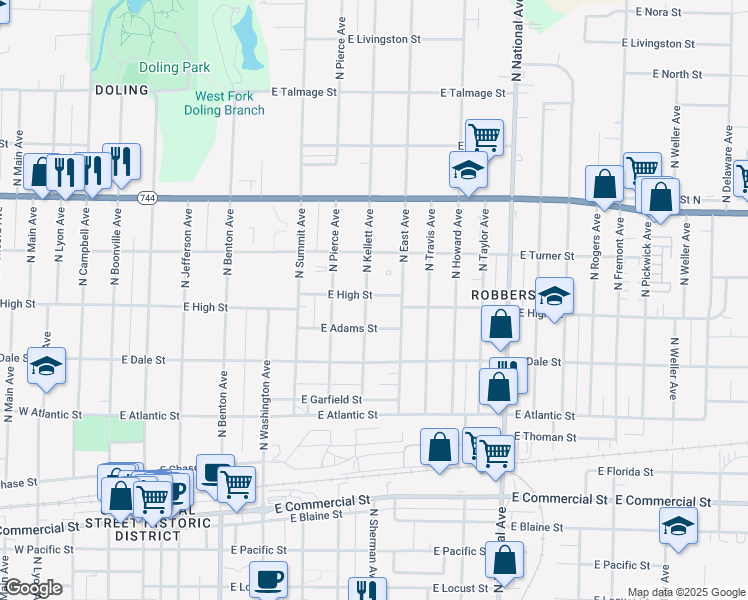 map of restaurants, bars, coffee shops, grocery stores, and more near 2202 North Kellett Avenue in Springfield