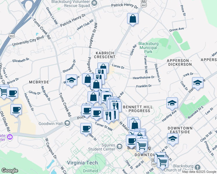 map of restaurants, bars, coffee shops, grocery stores, and more near 819 Montgomery Street in Blacksburg