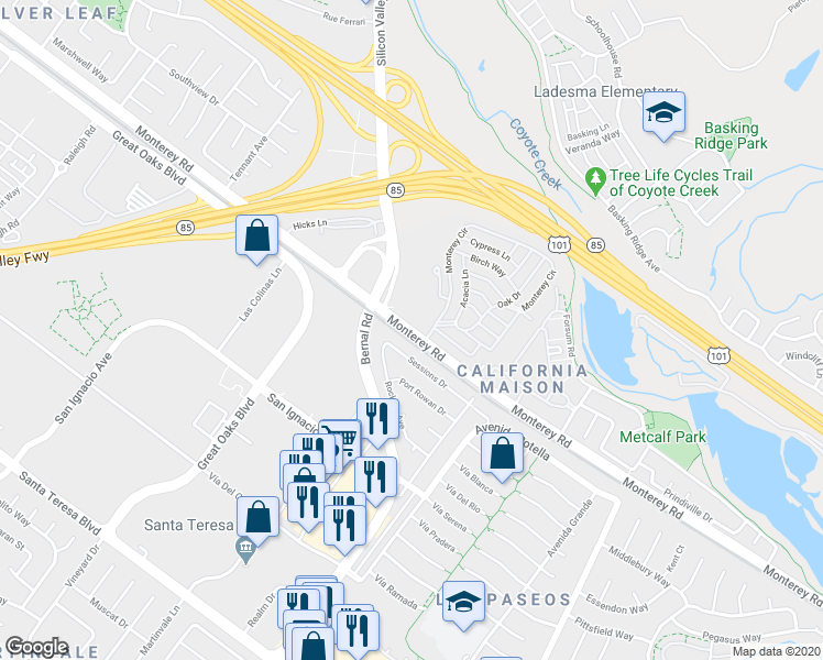 map of restaurants, bars, coffee shops, grocery stores, and more near 6104 Monterey Hwy in San Jose