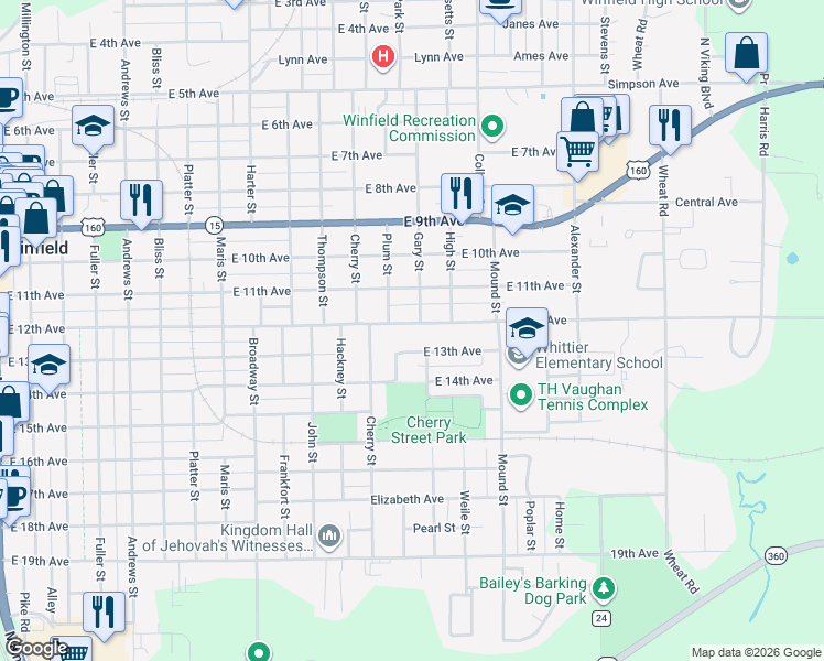 map of restaurants, bars, coffee shops, grocery stores, and more near 1316 East 12th Avenue in Winfield