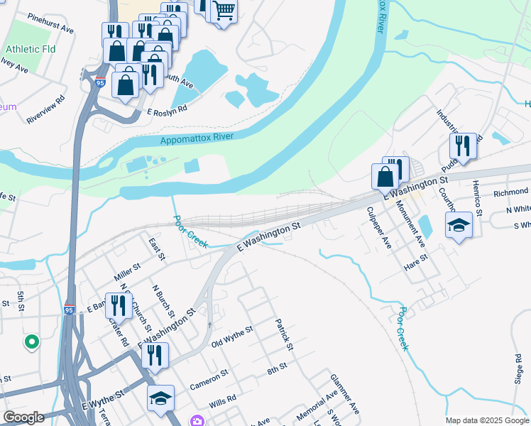 map of restaurants, bars, coffee shops, grocery stores, and more near 1157 East Washington Street in Petersburg