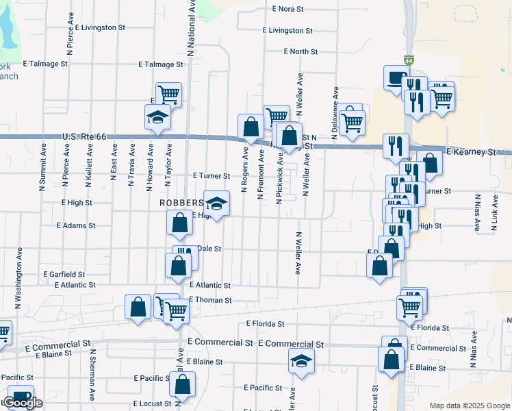 map of restaurants, bars, coffee shops, grocery stores, and more near 2219 North Fremont Avenue in Springfield