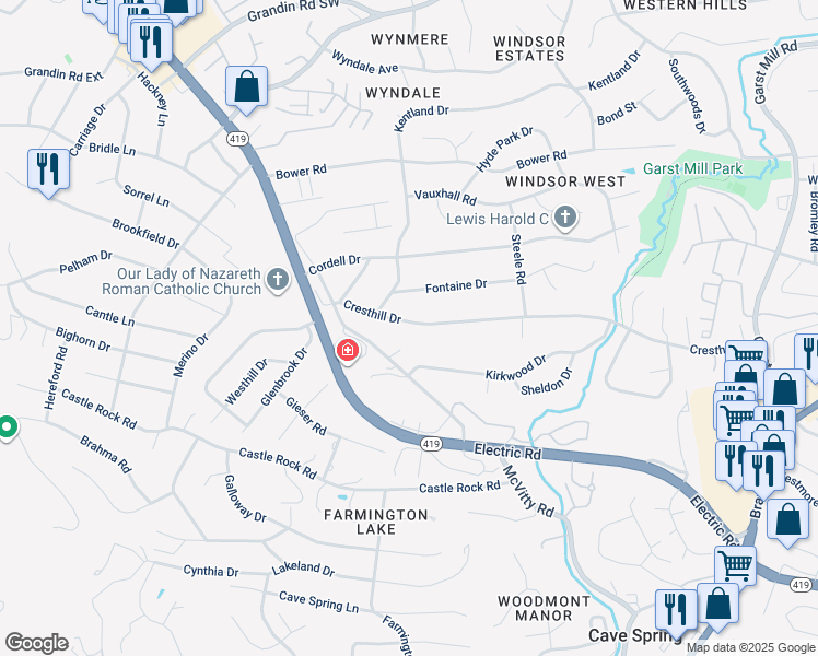 map of restaurants, bars, coffee shops, grocery stores, and more near 4552 Cresthill Drive in Cave Spring