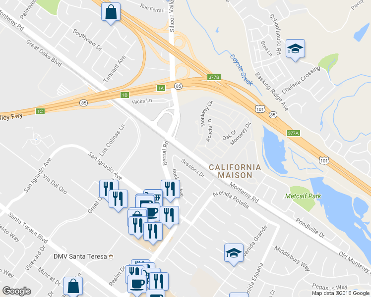 map of restaurants, bars, coffee shops, grocery stores, and more near 6104 Monterey Road in San Jose