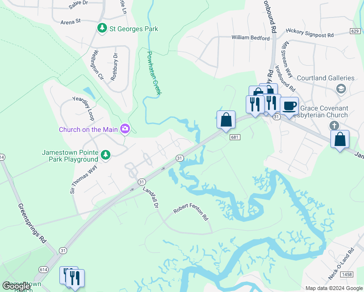 map of restaurants, bars, coffee shops, grocery stores, and more near 3602 London Company Way in Williamsburg