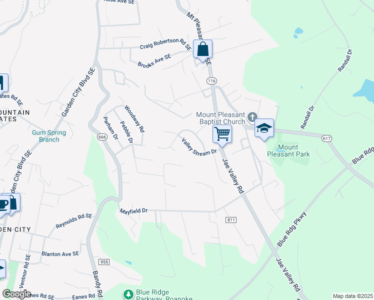 map of restaurants, bars, coffee shops, grocery stores, and more near 3124 Valley Stream Drive in Roanoke