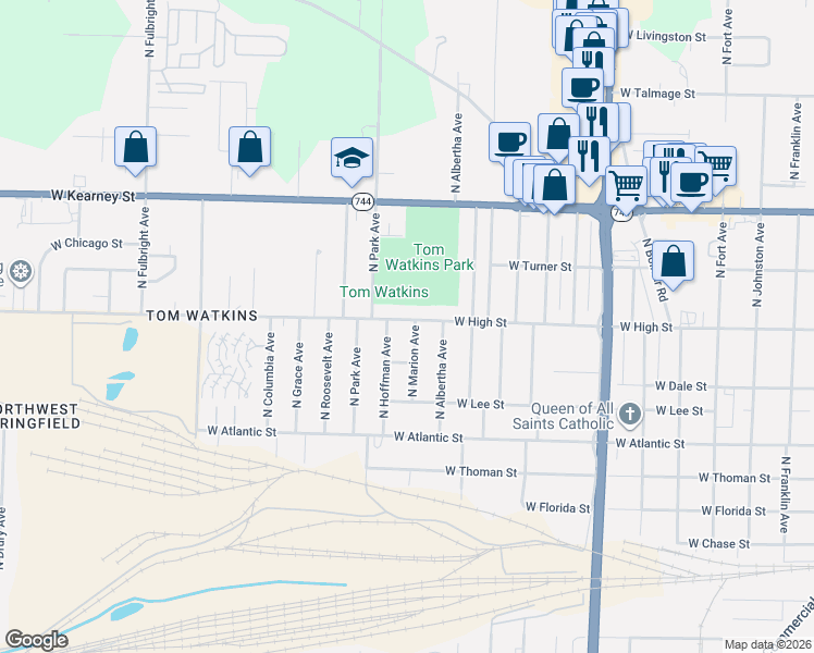 map of restaurants, bars, coffee shops, grocery stores, and more near 2112 West High Street in Springfield