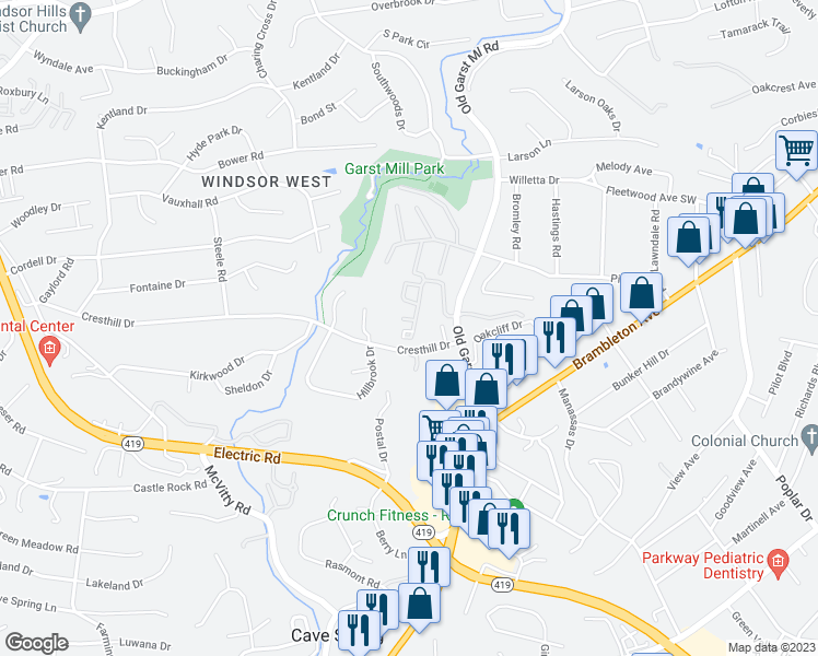 map of restaurants, bars, coffee shops, grocery stores, and more near 4722 Mews Hill Drive in Cave Spring