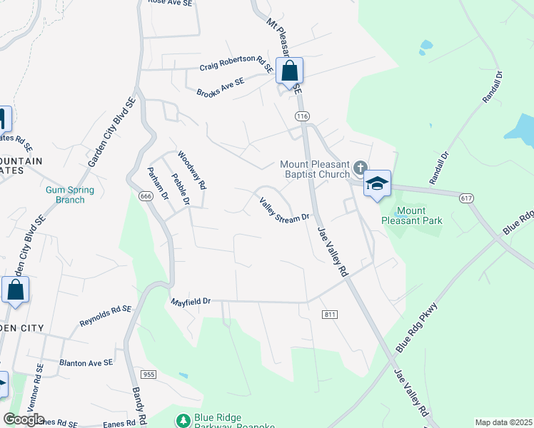 map of restaurants, bars, coffee shops, grocery stores, and more near 3124 Valley Stream Drive in Roanoke