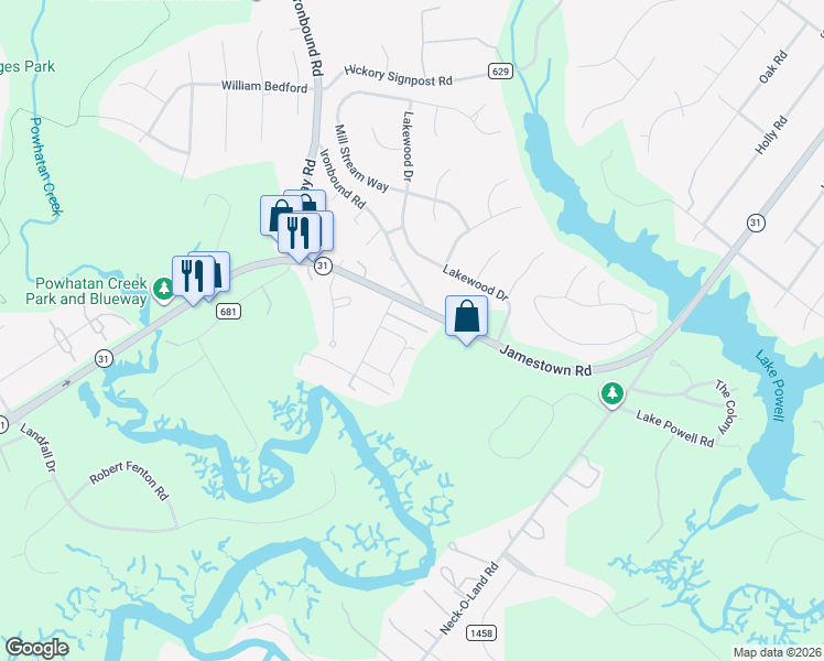 map of restaurants, bars, coffee shops, grocery stores, and more near 19 Bromley Drive in Williamsburg