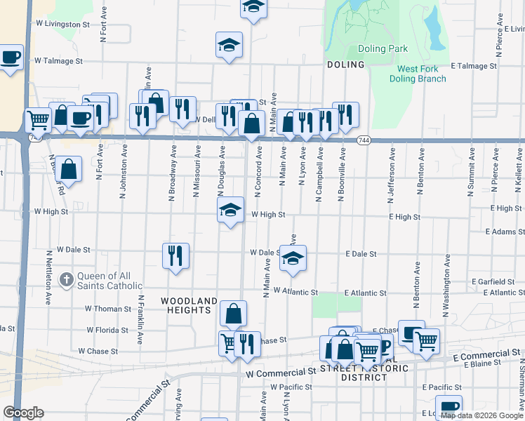 map of restaurants, bars, coffee shops, grocery stores, and more near 631 West High Street in Springfield