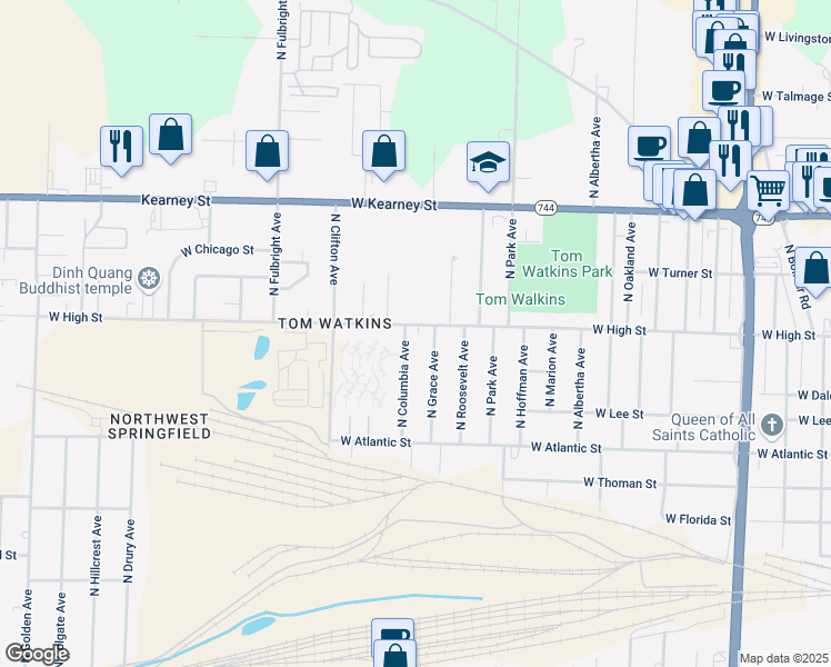 map of restaurants, bars, coffee shops, grocery stores, and more near 2422 West High Street in Springfield
