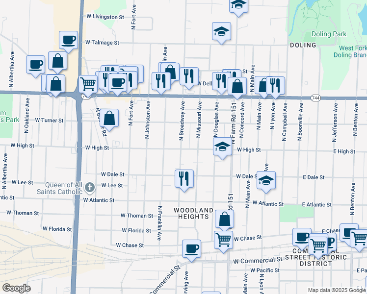 map of restaurants, bars, coffee shops, grocery stores, and more near 2200 North Broadway Avenue in Springfield