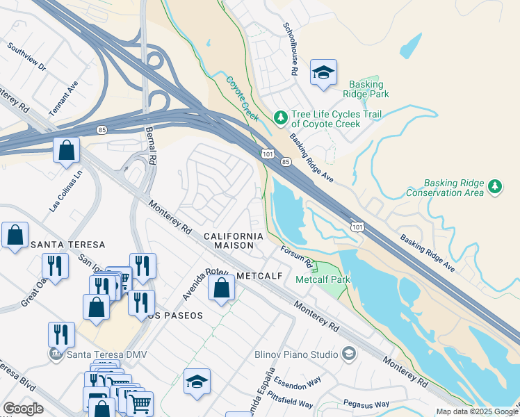 map of restaurants, bars, coffee shops, grocery stores, and more near 6938 Forsum Road in San Jose