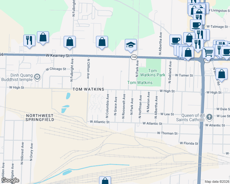 map of restaurants, bars, coffee shops, grocery stores, and more near 2422 West High Street in Springfield